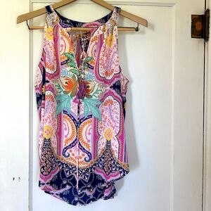 Rose + Olive Abstract Colorful Tassle Ties Sleeveless V-Neck Artsy Tank Blouse